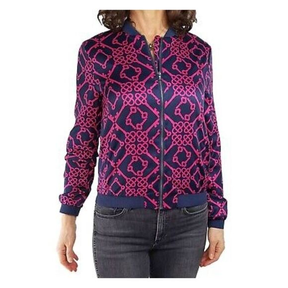 Le Tigre NWT lightweight bomber zip front jacket navy and pink key  print size L - Picture 1 of 7